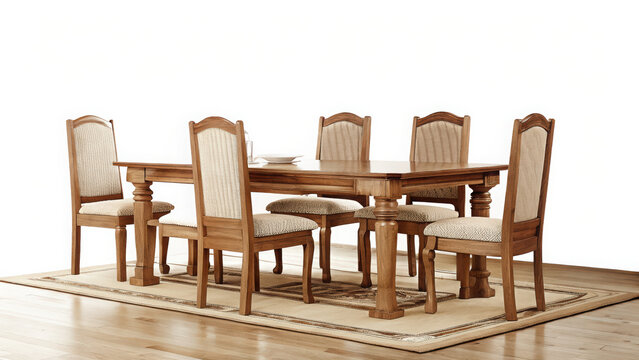 Wooden dining table with six upholstered chairs on a rug and white background wooden table dining set