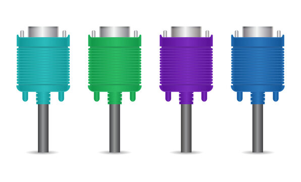 Colorful VGA connectors on cables for computer display on transparent background