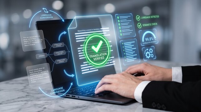 ai powered translation verification with automated language detection, structural syntax analysis, translation accuracy monitoring, and multilingual document processing