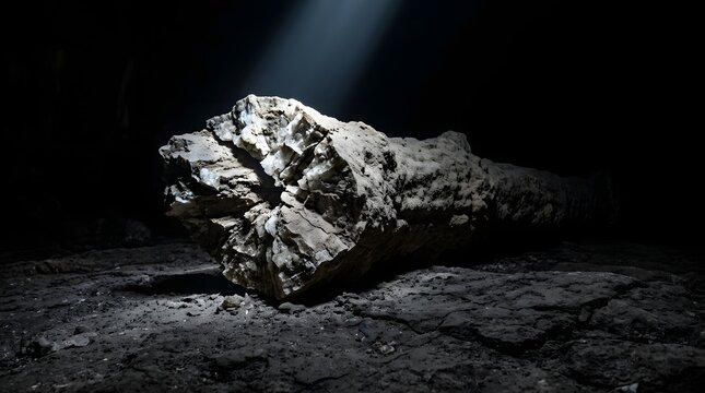 Broken cavern stalactite illuminated by a dramatic sun ray on dark rocky ground exploring geological history and underground cave exploration
