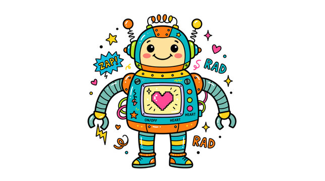 A cute, colorful cartoon robot with a heart screen, surrounded by fun doodles and sparkling accents