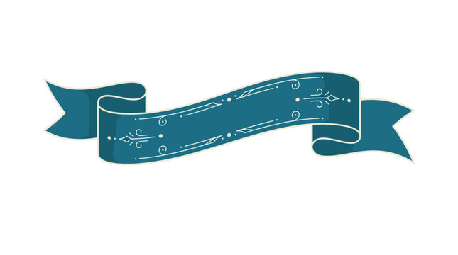 A decorative teal ribbon banner featuring intricate white filigree patterns and elegant scrollwork