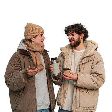 Two men in winter warm clothing talking and holding a thermos and coffee cup i isolated on transparent or white background, png