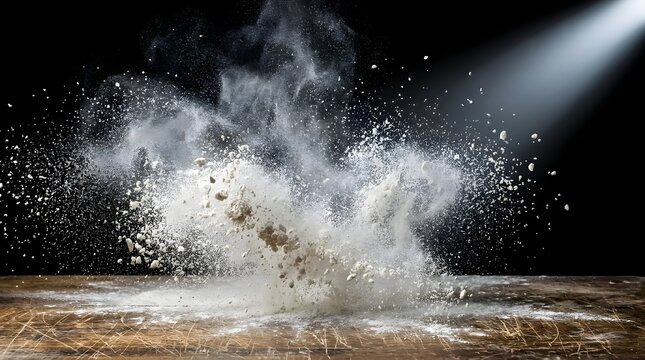 Dynamic explosion of white baking flour on rustic wooden table demonstrating energetic culinary creativity and the chaotic joy of food preparation