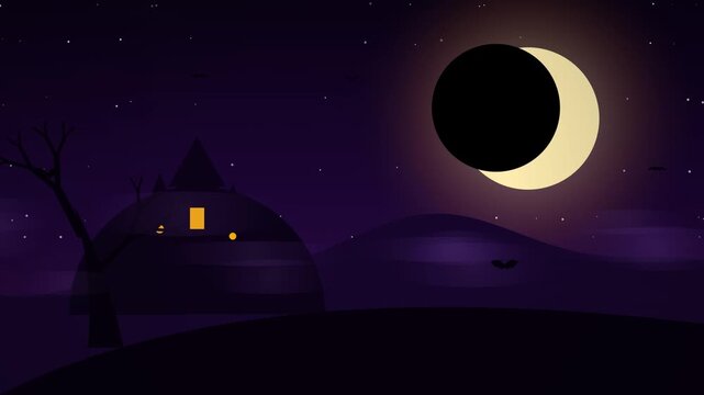 Spooky Halloween Night with Solar Eclipse and Haunted House Animation