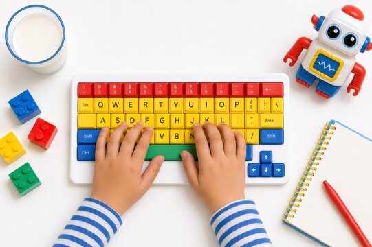 Child hands are actively pressing keys on a vibrant educational keyboard, surrounded by creative play elements like building blocks and a toy robot, representing early learning and digital literacy