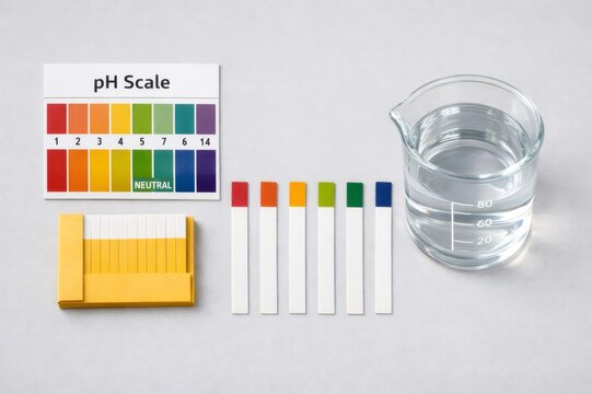 Science experiment shows pH indicator strips measuring acidity and alkalinity against a pH scale chart, representing chemical balance and water quality analysis