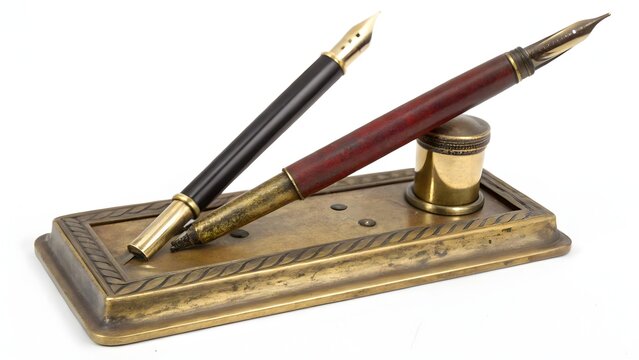 Antique brass desk set featuring two fountain pens and an inkwell rests on a white background.