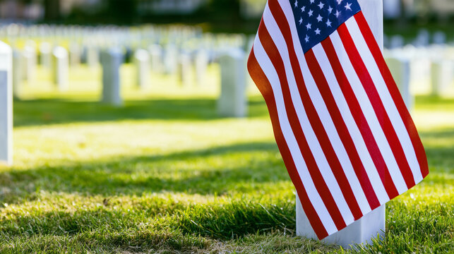 A United States flag standing beside a white veteran grave marker on a sunlit cemetery lawn, distant rows of headstones fading into soft focus with open negative