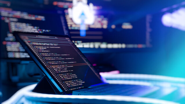 Programmer Coding Cloud Application with Upload Technology Concept