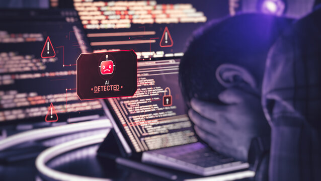 Stressed programmer reacting to AI detected warning sign and error interface on laptop screen.