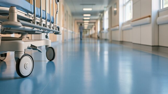 Empty Hospital Corridor with Gurney and Blurred Figure in Distance, Healthcare Facility Interior