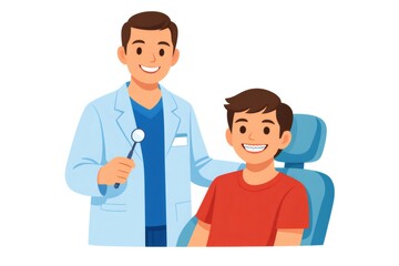Obraz premium Friendly male dentist examines a young boy's smile in a dental chair, providing orthodontic care and a routine oral health checkup with a reassuring, professional approach