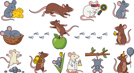 Obraz premium Cute Little Mouse and Rat Vector Character Set Showing Funny Rodents Eating Cheese Running Sleeping and Celebrating for Children Graphic Designs