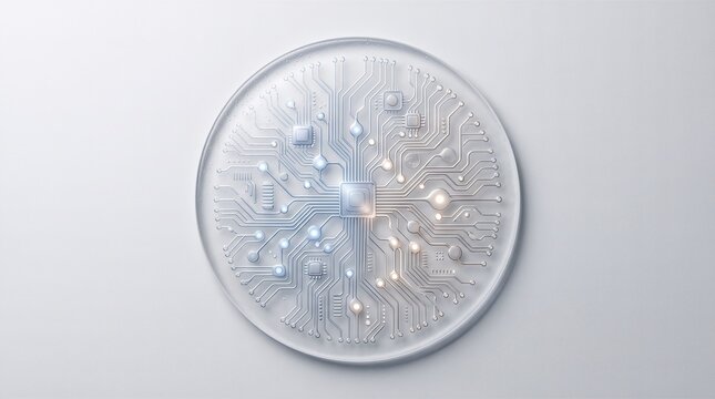 Circular digital circuit board with intricate glowing lines and microchip elements, representing artificial intelligence and advanced technology