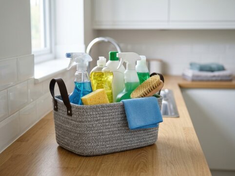 Organized Cleaning Supplies in a Basket by the Sink