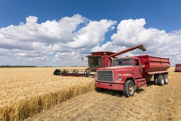 Obraz premium The Red Combine Harvester in a Golden Wheat Field under a Bright Sky