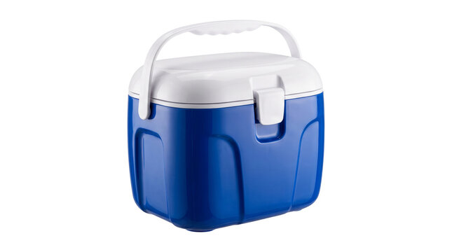 Blue Plastic Cooler Box Isolated on Black Background, Portable Insulated Ice Chest for Picnic, Camping, and Travel