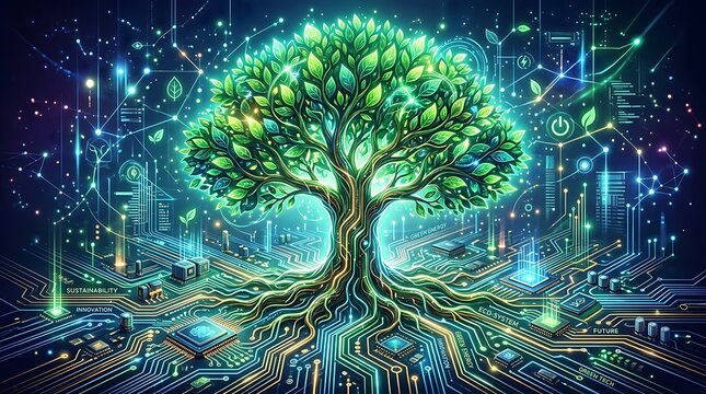 Digital tree of life growing from a glowing electronic circuit board representing technology and nature connection