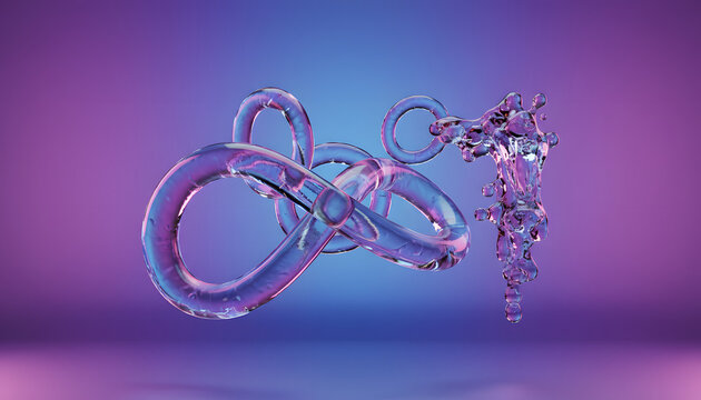 Abstract futuristic background featuring floating transparent organic glass fluid shapes glowing over vibrant blue pink violet gradient studio backdrop concept 3d rendering