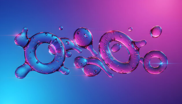 Abstract futuristic background featuring floating transparent organic glass fluid shapes glowing over vibrant blue pink violet gradient studio backdrop concept 3d rendering