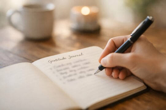 Person's hand actively jotting down thoughts in an opened gratitude journal on a wooden table, creating lists of thankfulness for self care and positivity