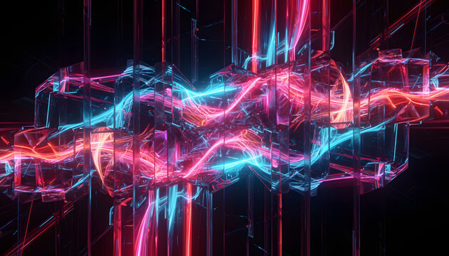 Series of reflective glass panels with vibrant red and blue lights create futuristic and abstract visual effect