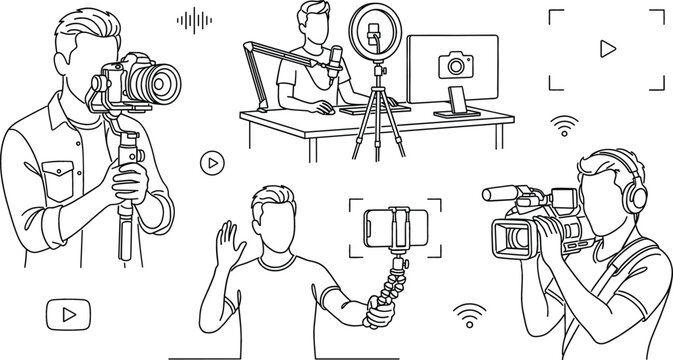 Video production line art vector set featuring blogger streamer podcaster cameraman filming with camera gimbal and smartphone illustrations