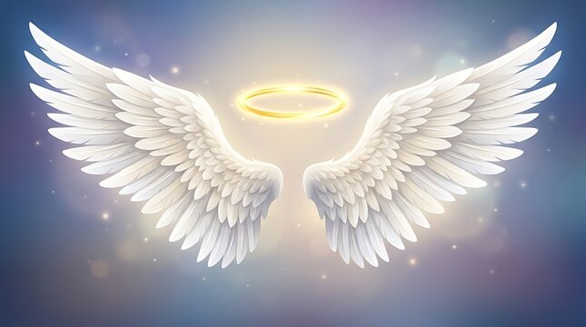 Large white angel wings with a glowing golden halo floating in the dark starry night sky with magical light particles