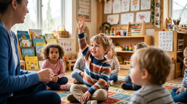 A teacher interacts with a group of young children sitting on a colorful alphabet rug inside a bright kindergarten classroom while one boy raises his hand eagerly