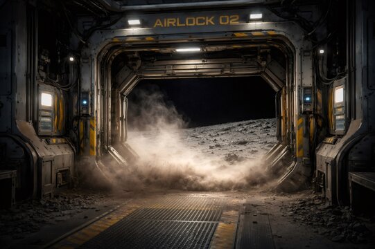 Futuristic airlock interior with exposed metallic walls and yellow hazard stripes opening to a dusty. Cratered alien landscape under a dark sky. Creating a sense of exploration and hostile environment