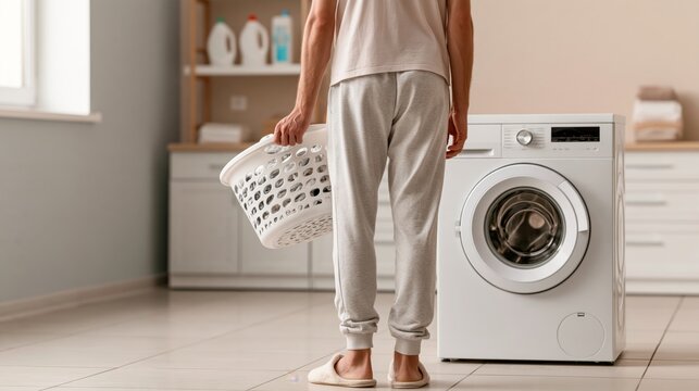 Person in casual clothing holding a laundry basket stands in front of a modern washing machine in a bright, organized laundry room with shelves and cleaning supplies