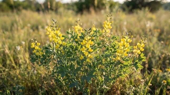 A vibrant yellow baptisia tinctoria plant blooming in a sunlit meadow during the golden hour, showcasing delicate wild indigo flowers and lush green foliage