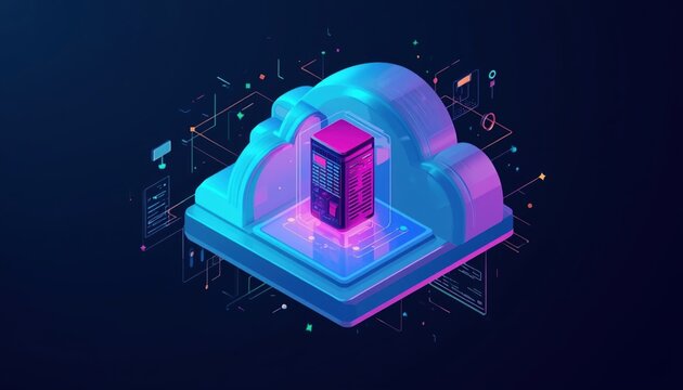A futuristic cloud computing server with vibrant neon lights and dark background