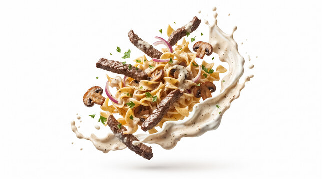 Flying beef stroganoff with egg noodles, mushrooms, and creamy sauce splash isolated on white background