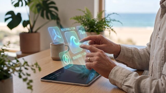Person interacting with a holographic tablet interface showing wind, wave, and electricity icons with renewable flow data representing ocean energy, clean power monitoring, and sustainable technology
