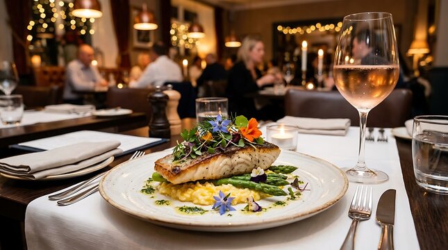 Grilled salmon fillet with green beans and flowers served on a plate with a glass of wine in a cozy upscale restaurant