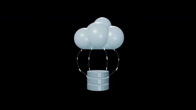 Minimal modern 3D cloud storage icon featuring a rounded cloud connected to a database through flowing data paths and animated particles. Data continuously travels from the database into the cloud