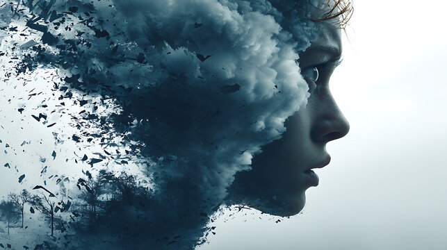 Mental health double exposure portrait with dark storm clouds and forest dissolving from the head, symbolizing anxiety, emotional turmoil, intrusive thoughts, stress and inner conflict