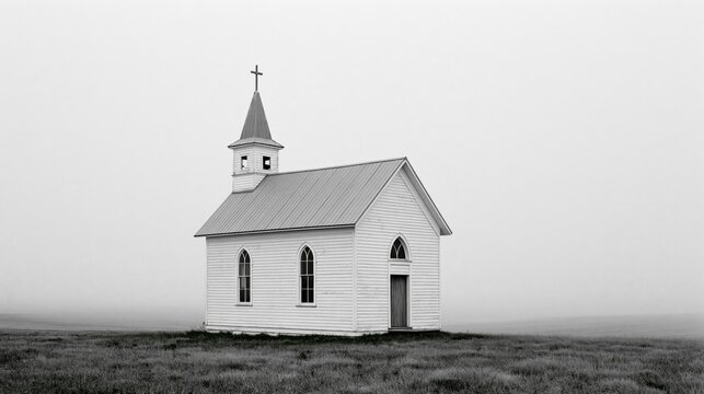 The solitary white church in a foggy, empty field at dawn