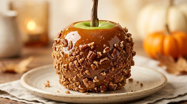 Gourmet caramel apple with chopped pecans on a white plate