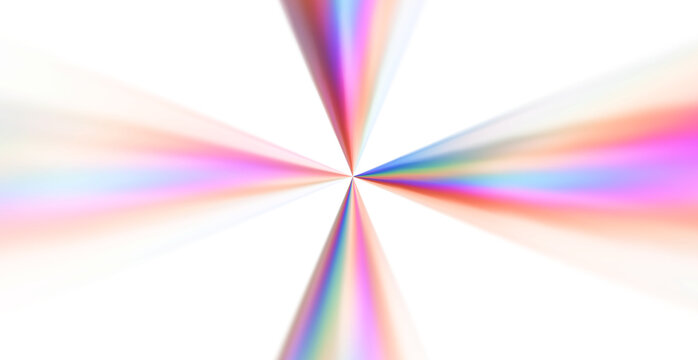 Vibrant Rainbow Spectrum Starburst 3D Render, Radial Holographic Prism Light Rays, Abstract Isolated White Background &ndash; Multi-directional array of colorful light cones 