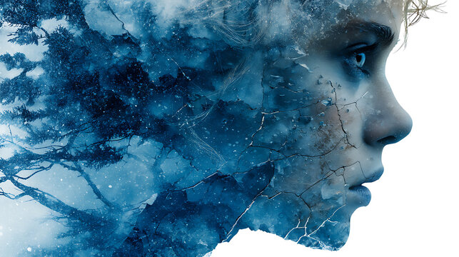 Mental health double exposure portrait with blue forest, cracked textures and contemplative gaze, symbolizing emotional stress, inner struggle, vulnerability, healing and resilience