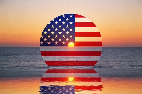 A circular USA flag replaces the sun over a calm ocean horizon with accurate stars and stripes in cinematic sunset tones