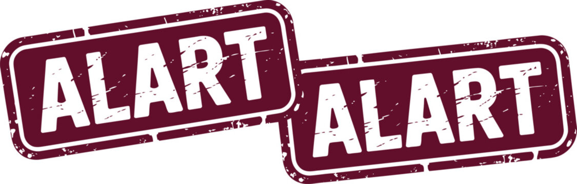 Two rectangular maroon rubber stamps with white text reading alart isolated on a clean white background.