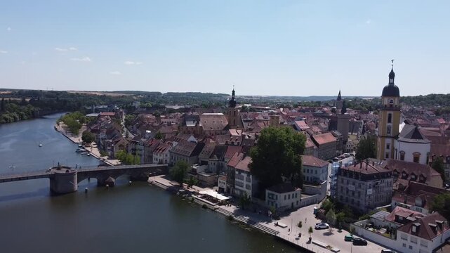 Aerial View of the Town of Kitzingen on the Main River in Lower Franconia, Bavaria, Germany 4k