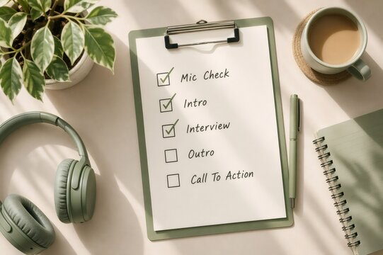 Clipboard presenting a checklist with tasks like 'Mic Check,' 'Intro,' and 'Interview,' surrounded by headphones, a notebook, and a coffee mug on a desk, capturing the process of content creation