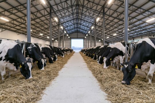 The Dairy Barn Scene With Rows of Cows Feeding Along a Central Aisle