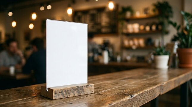 Blank paper menu stand on a wooden bar counter in a cozy restaurant with warm lights and blurred background interior