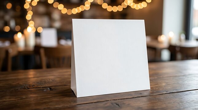 Blank white paper table tent card mockup standing on a wooden surface with warm glowing bokeh lights in the background